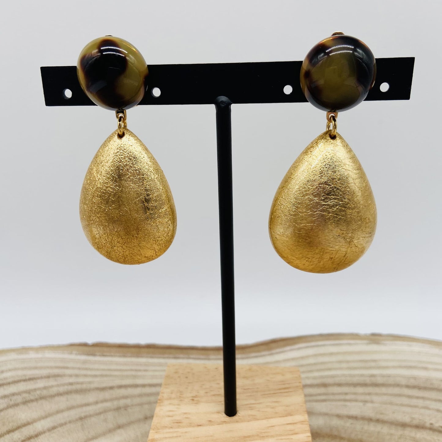 Boucles d'oreilles marrons gouttes dorées - Francine BRAMLI