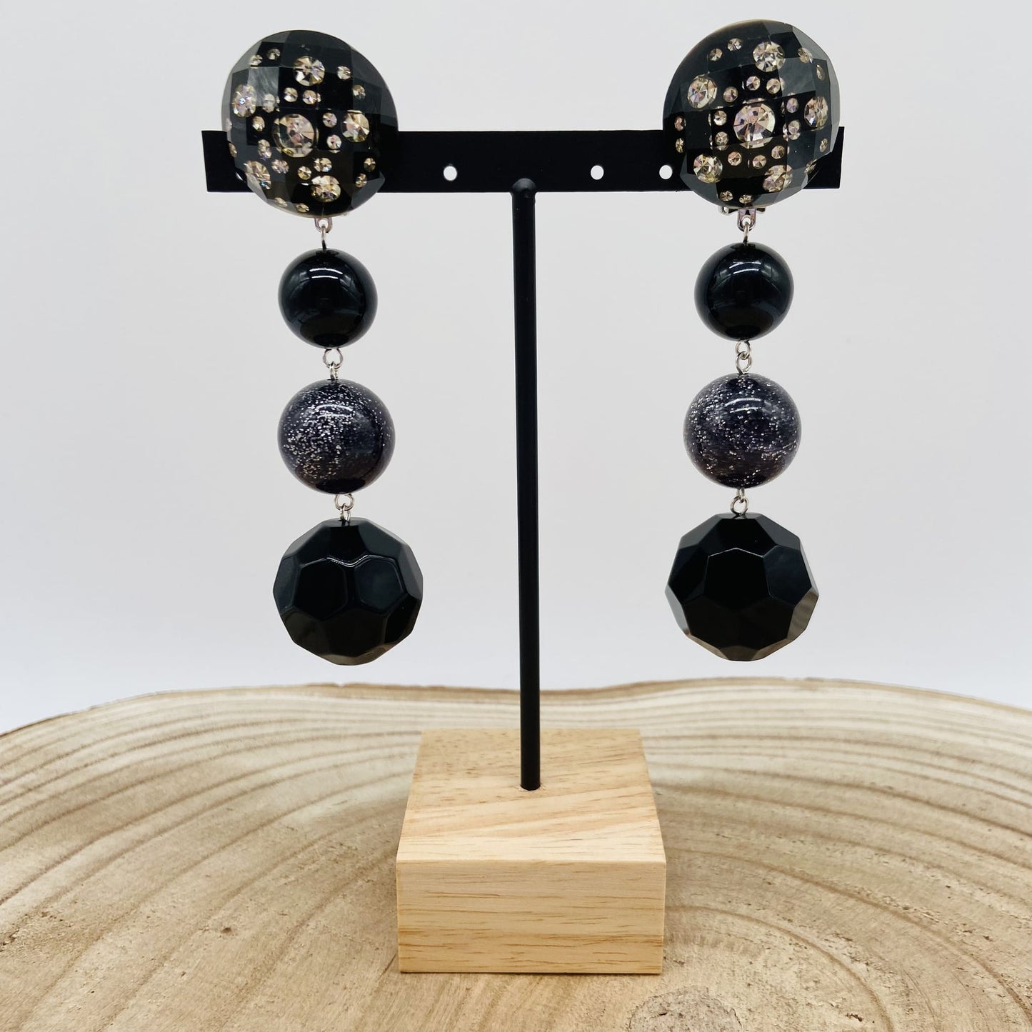 Boucles d'oreilles boules noires et strass - Francine BRAMLI