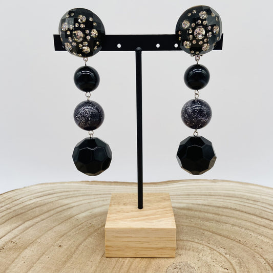 Boucles d'oreilles boules noires et strass - Francine BRAMLI