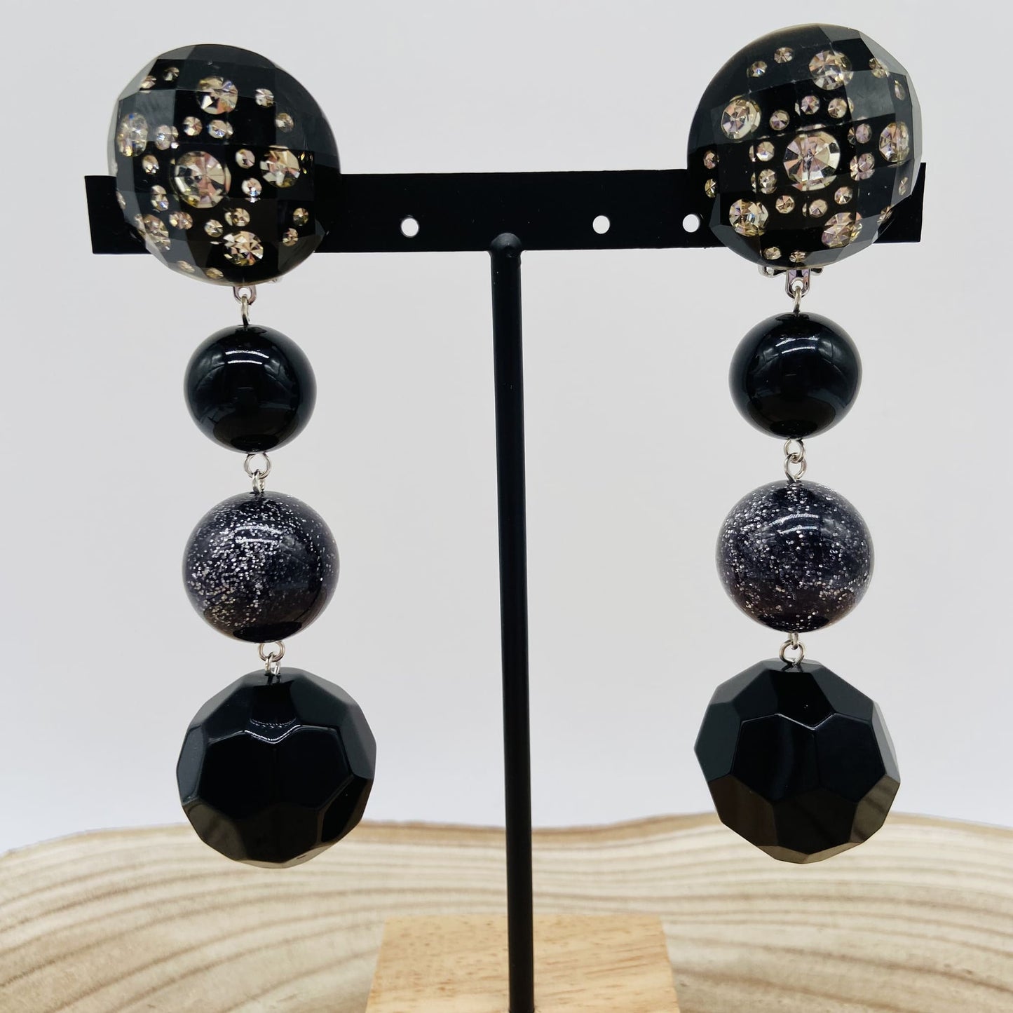 Boucles d'oreilles boules noires et strass - Francine BRAMLI