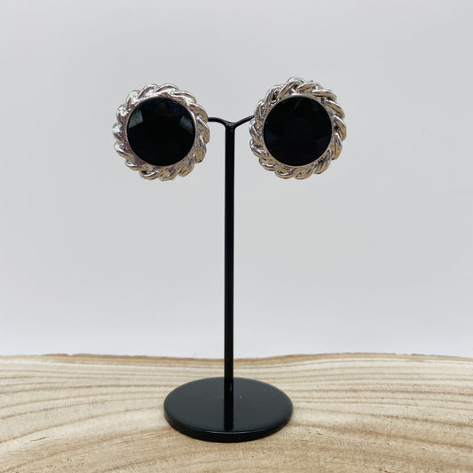 Boucles d'oreilles noires et argentées rondes - Francine BRAMLI