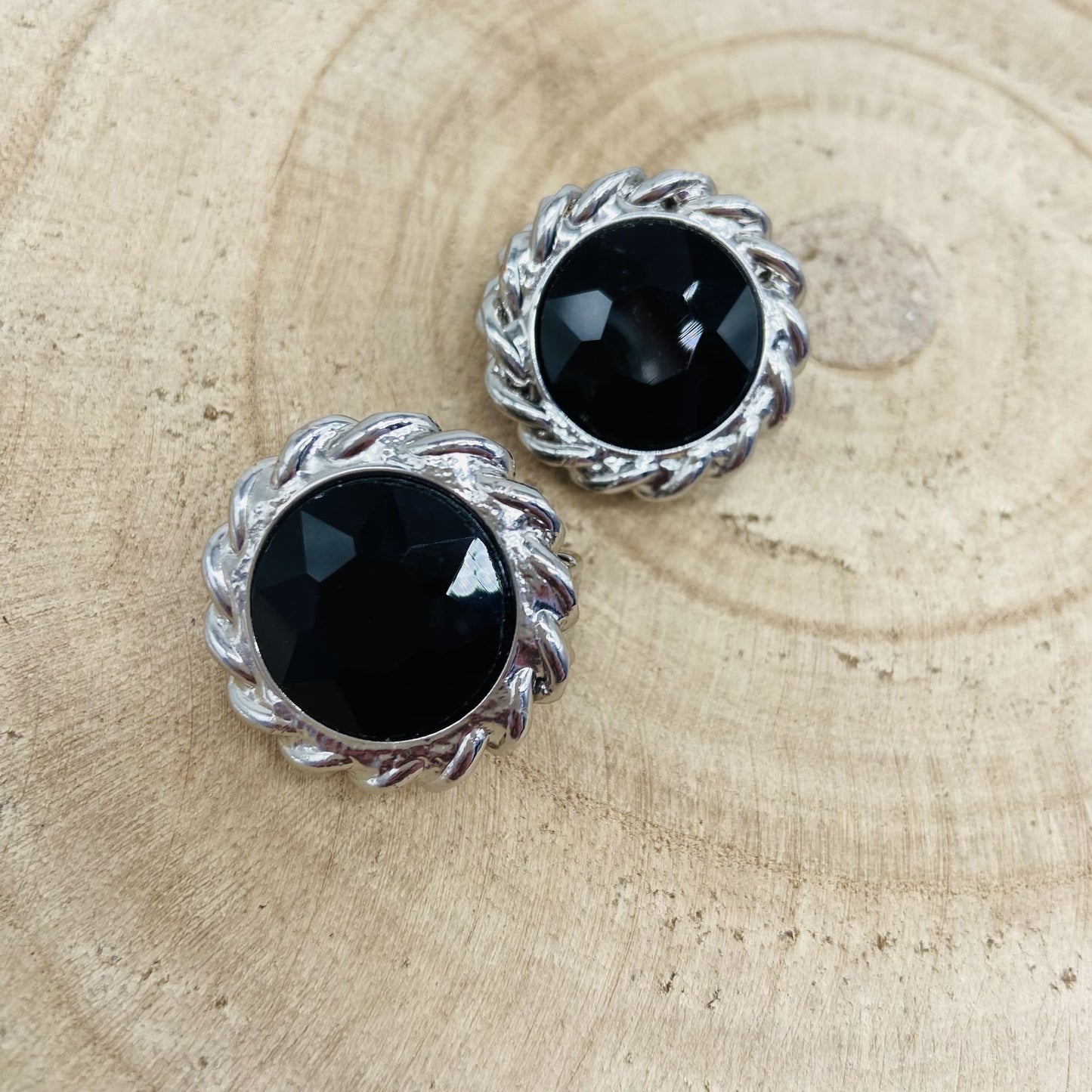 Boucles d'oreilles noires et argentées rondes - Francine BRAMLI