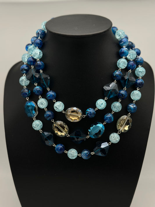 Collier bleu 3 rangs perles fantaisie et éléments scintillants - Francine BRAMLI