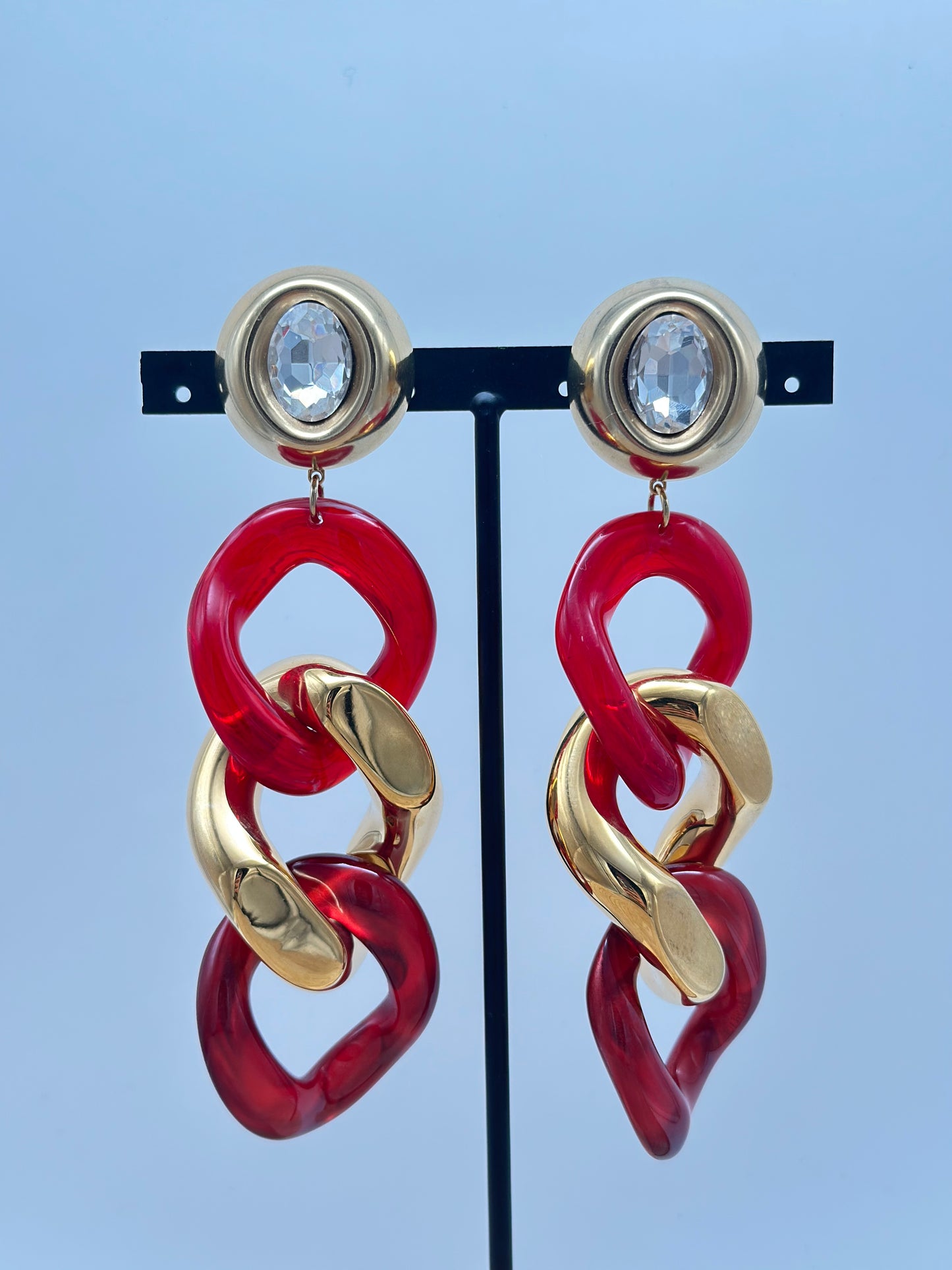 Boucles d’oreilles maillon rouge et doré - Francine BRAMLI