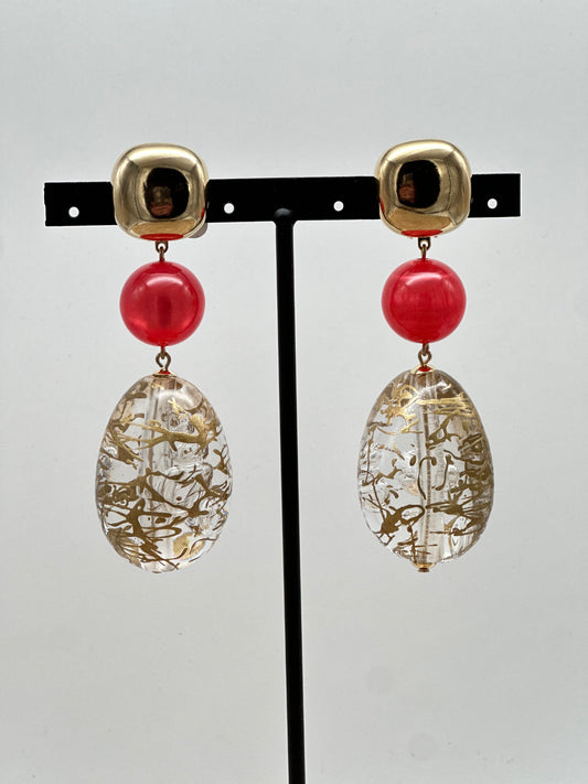 Boucles d’oreilles perle et goutte transparentes cabochon carré doré - Francine BRAMLI