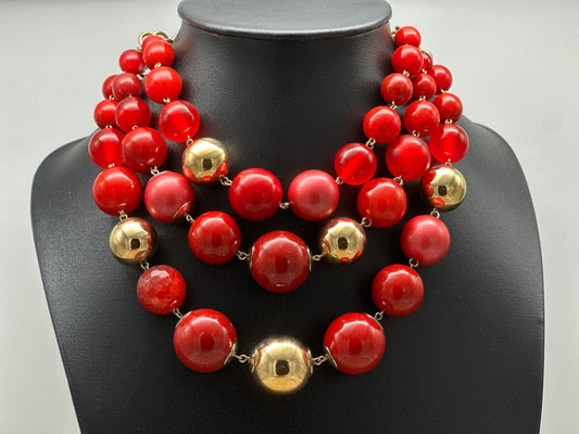 Collier 3 rangs perles rouges et dorées - Francine BRAMLI