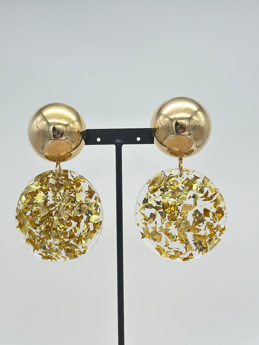 Boucles d’oreilles plaque ronde transparente avec feuille d’or - Francine BRAMLI