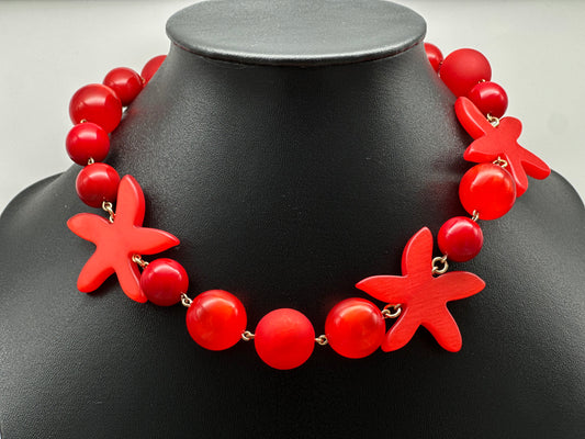 Collier perles fantaisies rouges avec fleurs - Francine BRAMLI
