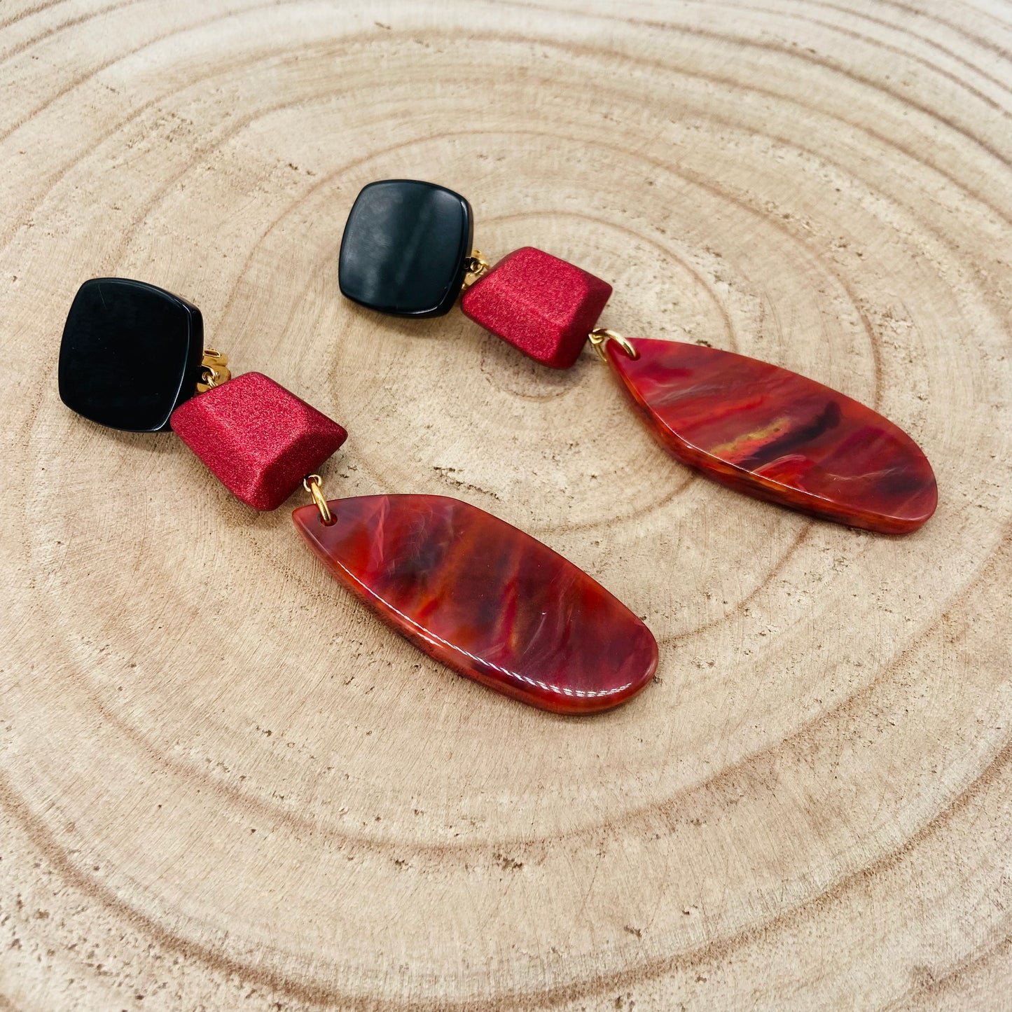 BOUCLES D'OREILLES rouges marbrées- Francine BRAMLI