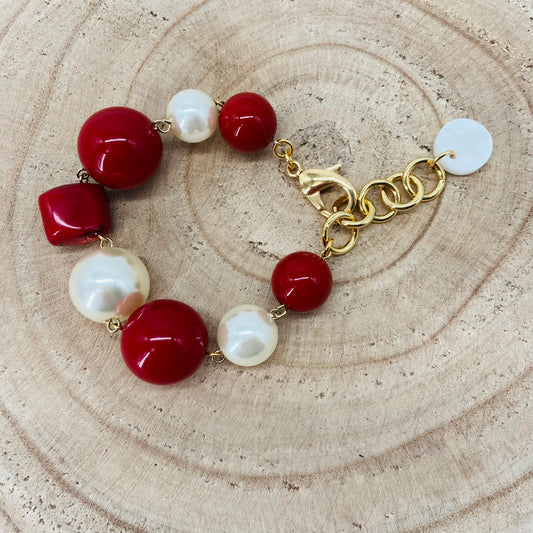 BRACELET perles blanches et rouges - Francine BRAMLI