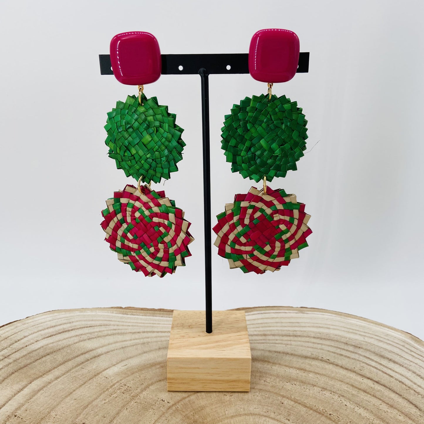 BOUCLES D'OREILLES Raphia Vertes et Fuchsia - Francine BRAMLI