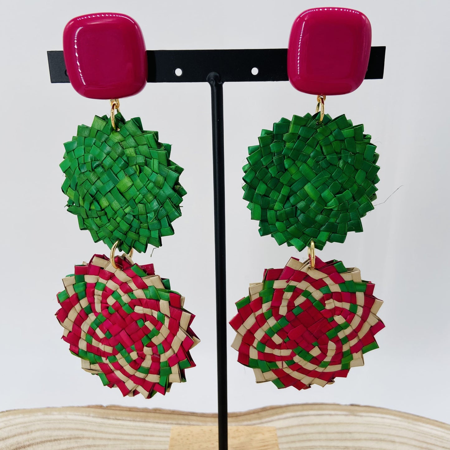 BOUCLES D'OREILLES Raphia Vertes et Fuchsia - Francine BRAMLI