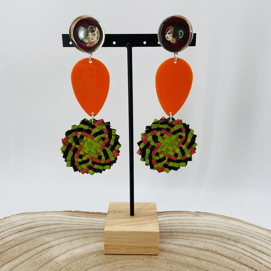 BOUCLES D'OREILLES Raphia tressé vertes et oranges - Francine BRAMLI