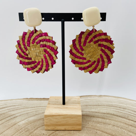 BOUCLES D'OREILLES Raphia tressé roses et écrues - Francine BRAMLI