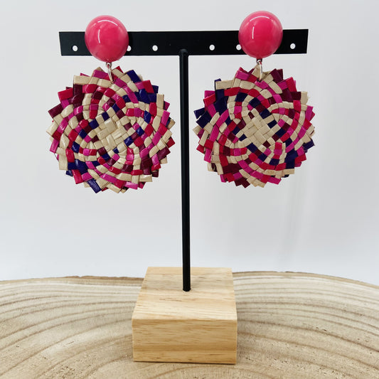 BOUCLES D'OREILLES Raphia tressé roses et violettes - Francine BRAMLI