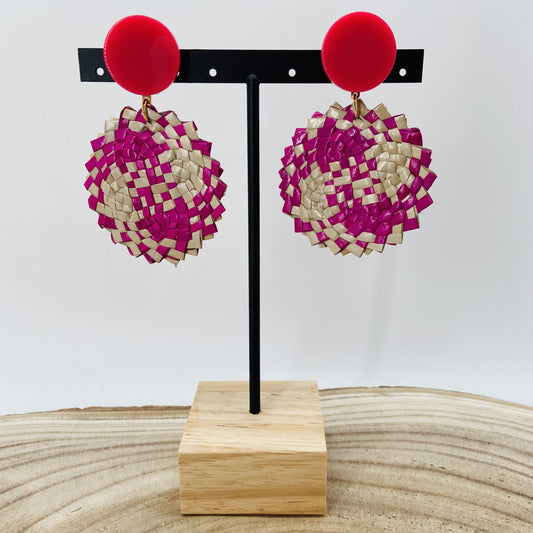 BOUCLES D'OREILLES Raphia tressé roses - Francine BRAMLI