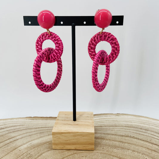 BOUCLES D'OREILLES Raphia tressé créoles roses - Francine BRAMLI