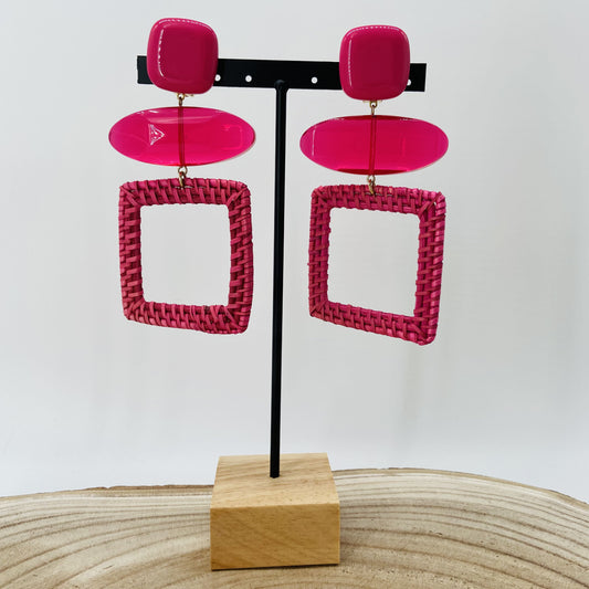 BOUCLES D'OREILLES danseuses roses Raphia tressé - Francine BRAMLI