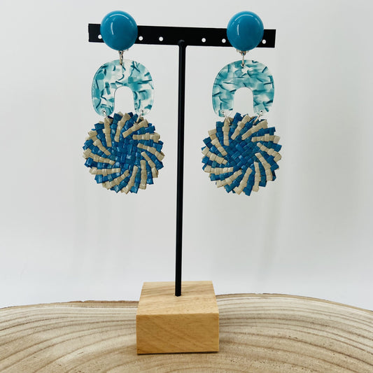 BOUCLES D'OREILLES bleues Raphia tressé - Francine BRAMLI