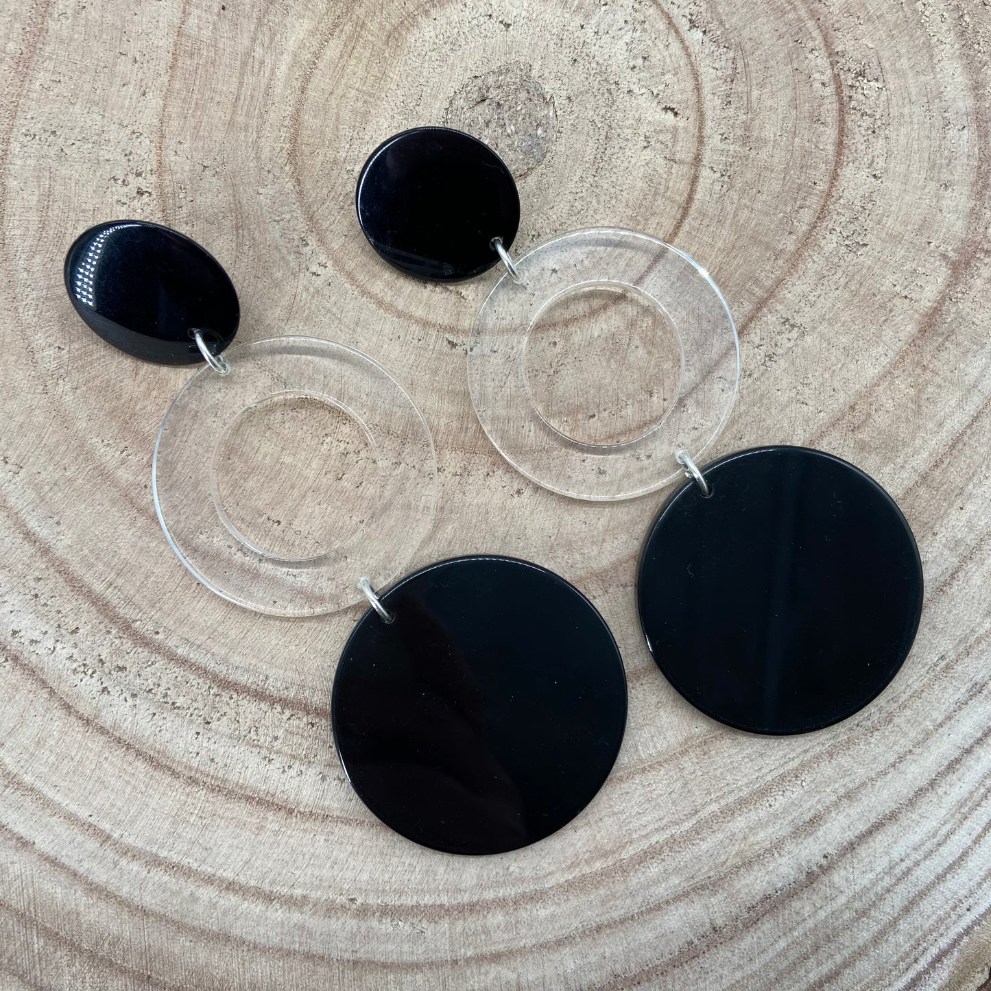 Boucles d'oreilles cercles noirs et transparents - Francine BRAMLI