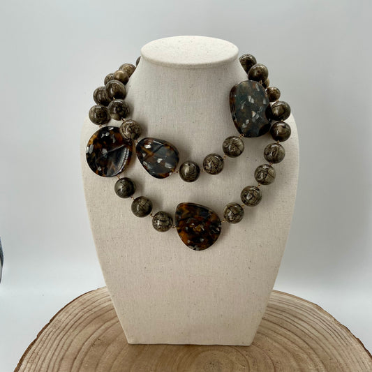 COLLIER LONG Marron et marbré gris- Francine BRAMLI