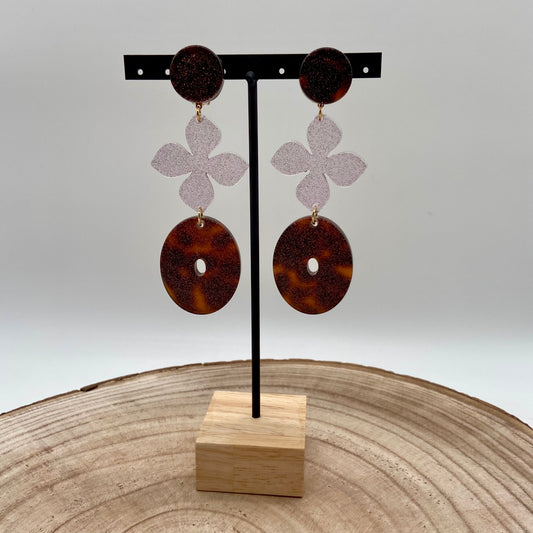 Boucles d'oreilles marron pailletées et fleurs - Francine BRAMLI