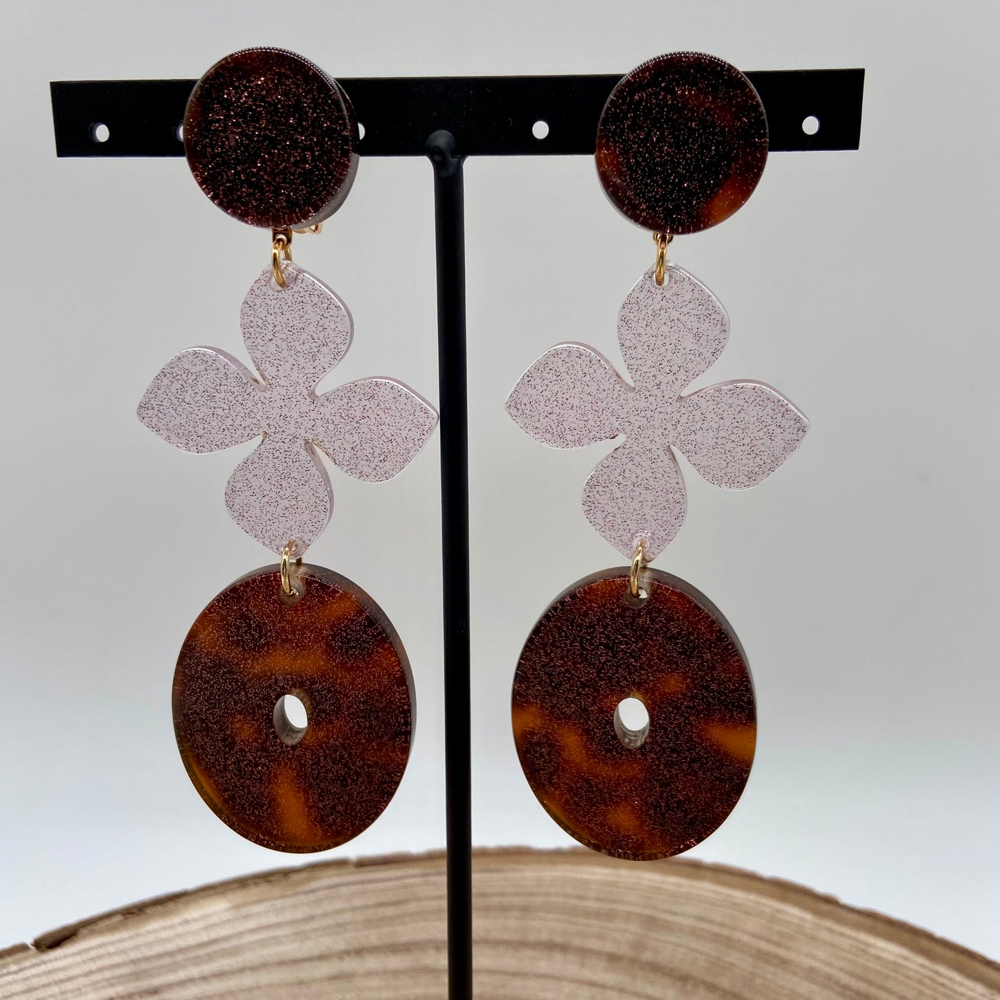 Boucles d'oreilles marron pailletées et fleurs - Francine BRAMLI