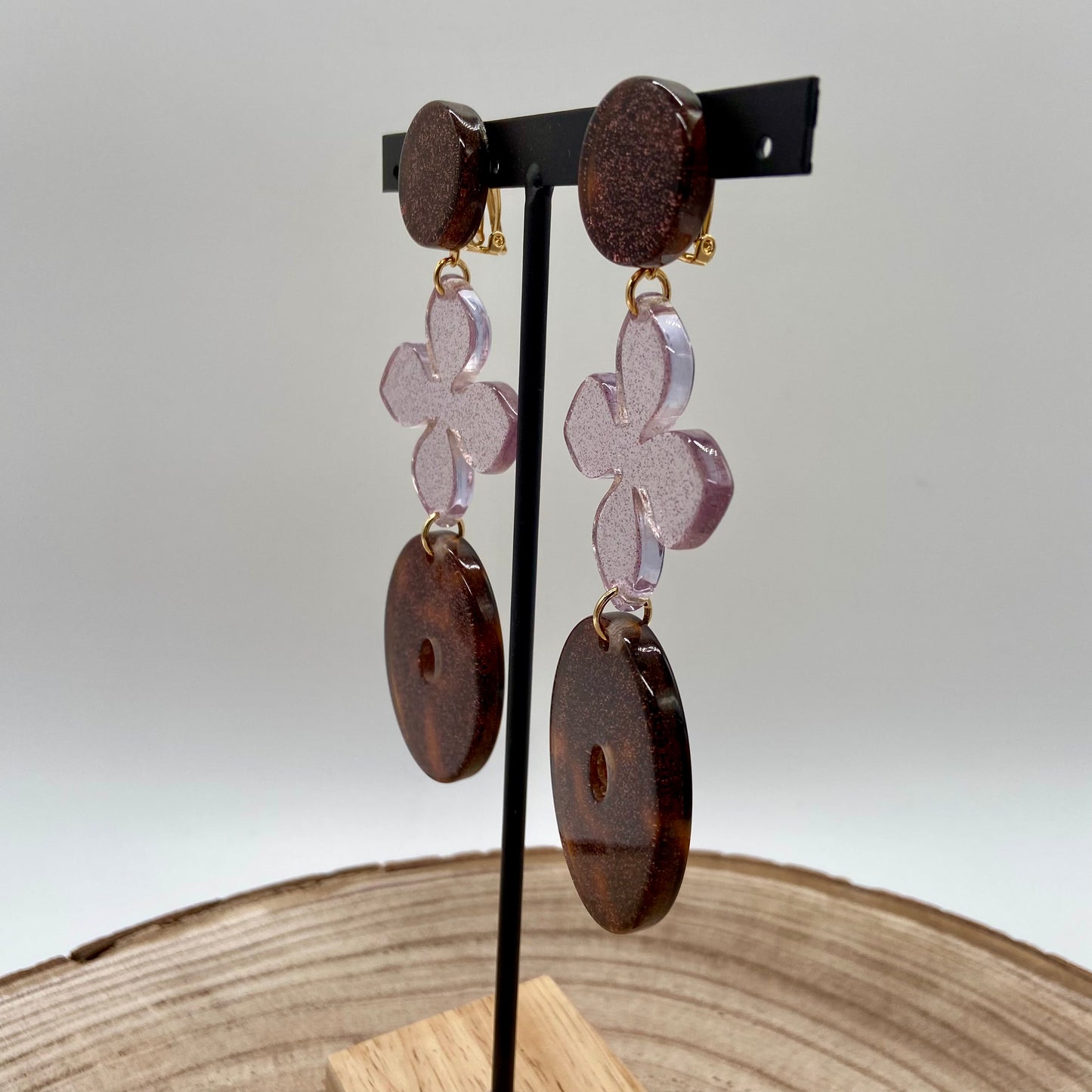 Boucles d'oreilles marron pailletées et fleurs - Francine BRAMLI